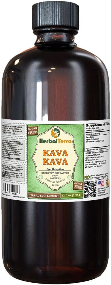 Kava Kava (Piper Methysticum) Glycerite, Dried Root Alcohol-Free Liquid Extract (Brand Name: HerbalTerra, Proudly Made in USA) 32 fl.oz (0.95 l) 2