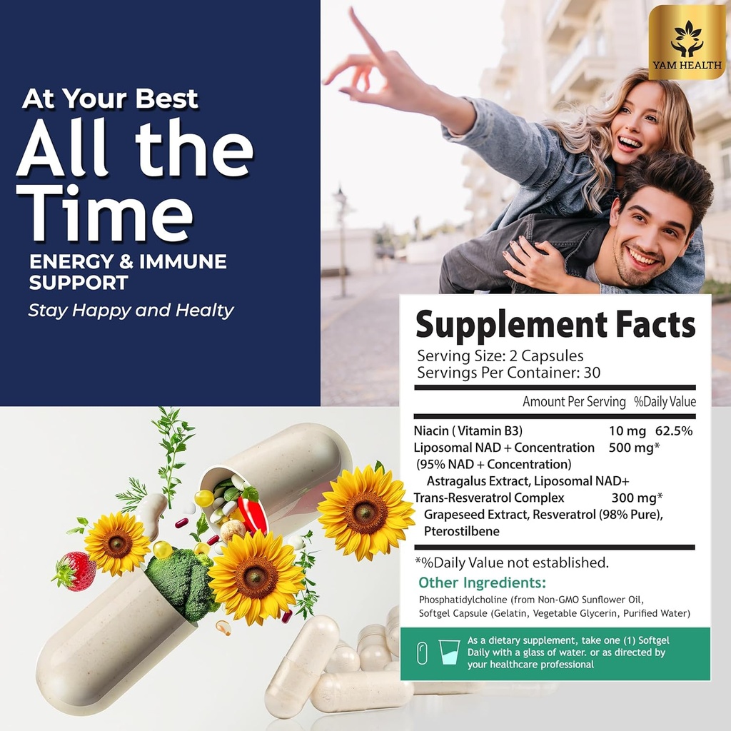 Liposomal NAD Nicotinamide Riboside Equivalent with Trans-Resveratrol 300mg, - Premium Halal NAD Supplement for Energy Metabolism, DNA Repair and Longevity, Vegan, Non-GMO (Pack of 1, 810 mg) 3