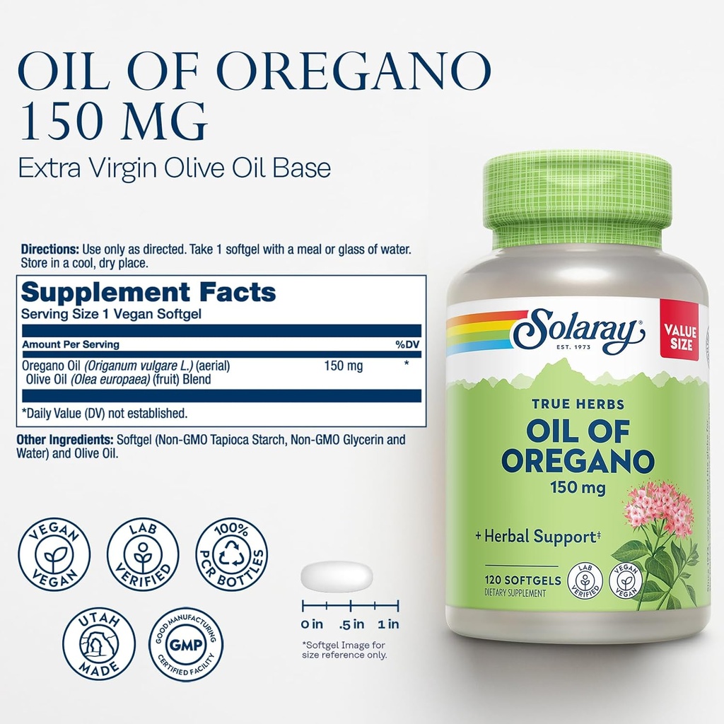 SOLARAY Oil of Oregano Softgels 150 mg - Oregano Oil Supplement for Powerful Wellness Support - Gentle Digestion - Extra Virgin Olive Oil Base - Vegan, 60-Day Guarantee - 120 Servings, 120 Softgels 3
