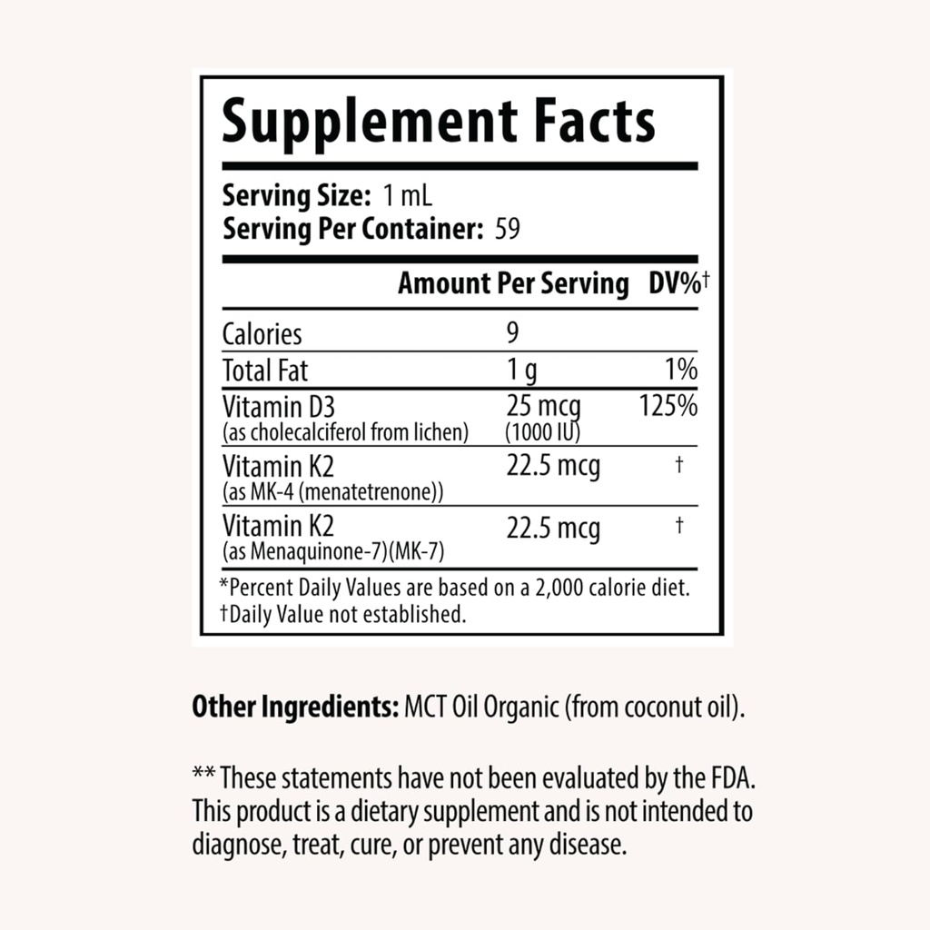 Vitamin D3 + K2 Drops with 1000 IU of Plant Based D3 and 45 mcg of K2, 2 oz Liquid Supplement for Bone Strength, Improved Mood - No Artificial Preservatives, Unflavored, with Coconut MCT Oil 3