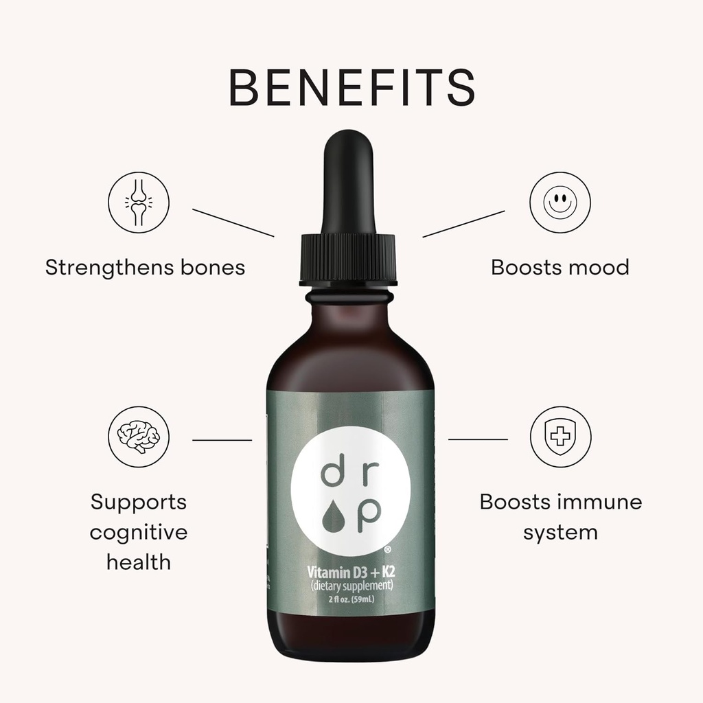 Vitamin D3 + K2 Drops with 1000 IU of Plant Based D3 and 45 mcg of K2, 2 oz Liquid Supplement for Bone Strength, Improved Mood - No Artificial Preservatives, Unflavored, with Coconut MCT Oil 4