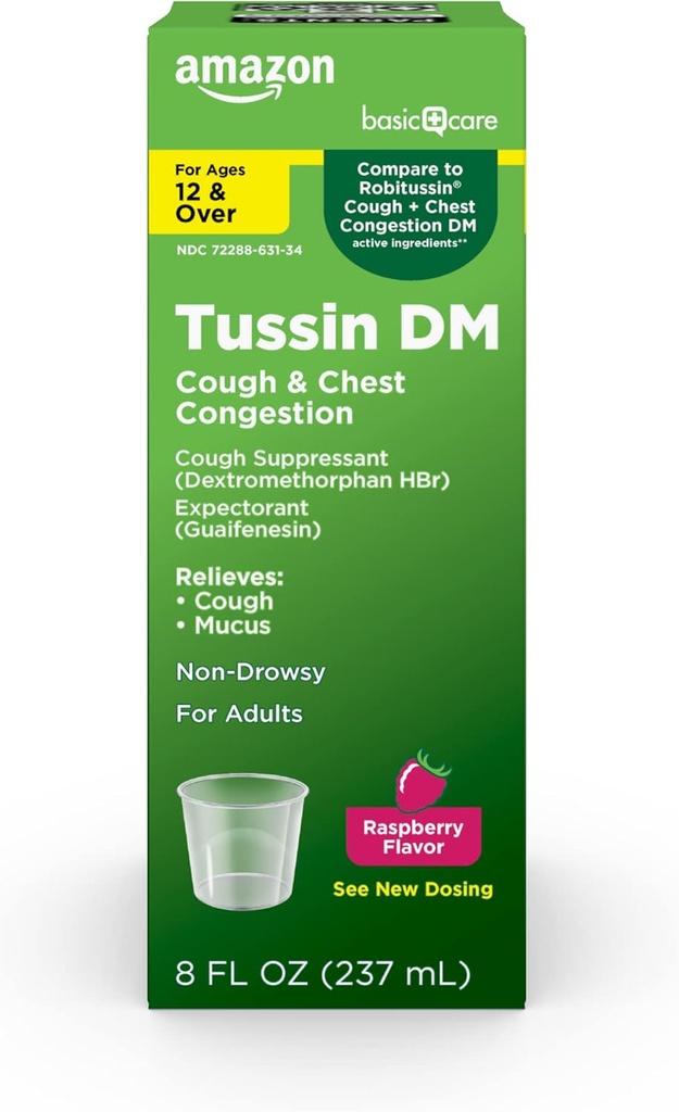 Basic Care Tussin Cough Plus Chest Congestion DM Syrup, Raspberry Flavor, 8 fl oz (Pack of 1) 2