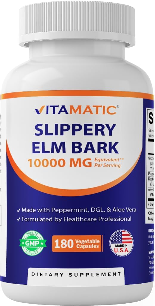 Vitamatic Slippery Elm Bark 10000 mg Equivalent Per Serving (from 20:1 Extract 500 mg), Made with Peppermint, DGL, & Aloe Vera - 180 Veg Capsules, and Concentrated 20X Potency 2