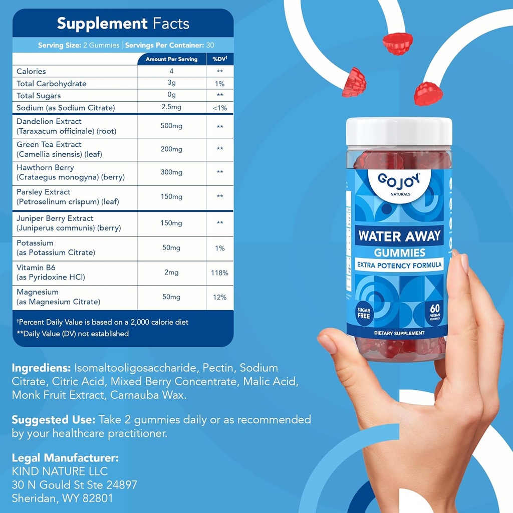GOJOY Water Away Gummies – Natural Diuretic Support for Water Retention & Hydration Balance – Herbal Formula with Dandelion – 60 Vegan Gummies 5