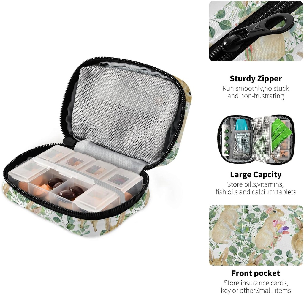 Watercolor Leaves Rabbits Pill Box 7 Day Pill Case Bag Travel Pill Organizer Bag with Zipper Pill Bag Portable Weekly Case Compact Size for Vitamin Supplement Holder 5