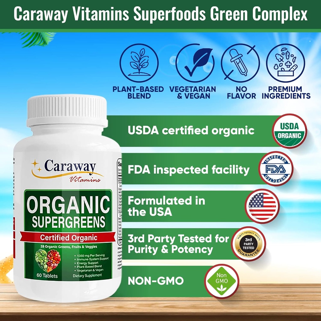 Organic Superfoods Vitamins Super Greens Complex by Caraway Vitamins 1,350 mg per Serving 28 Fruits Vegetables Greens 60 Count Tablets Non-GMO Natural for Men & Women 4