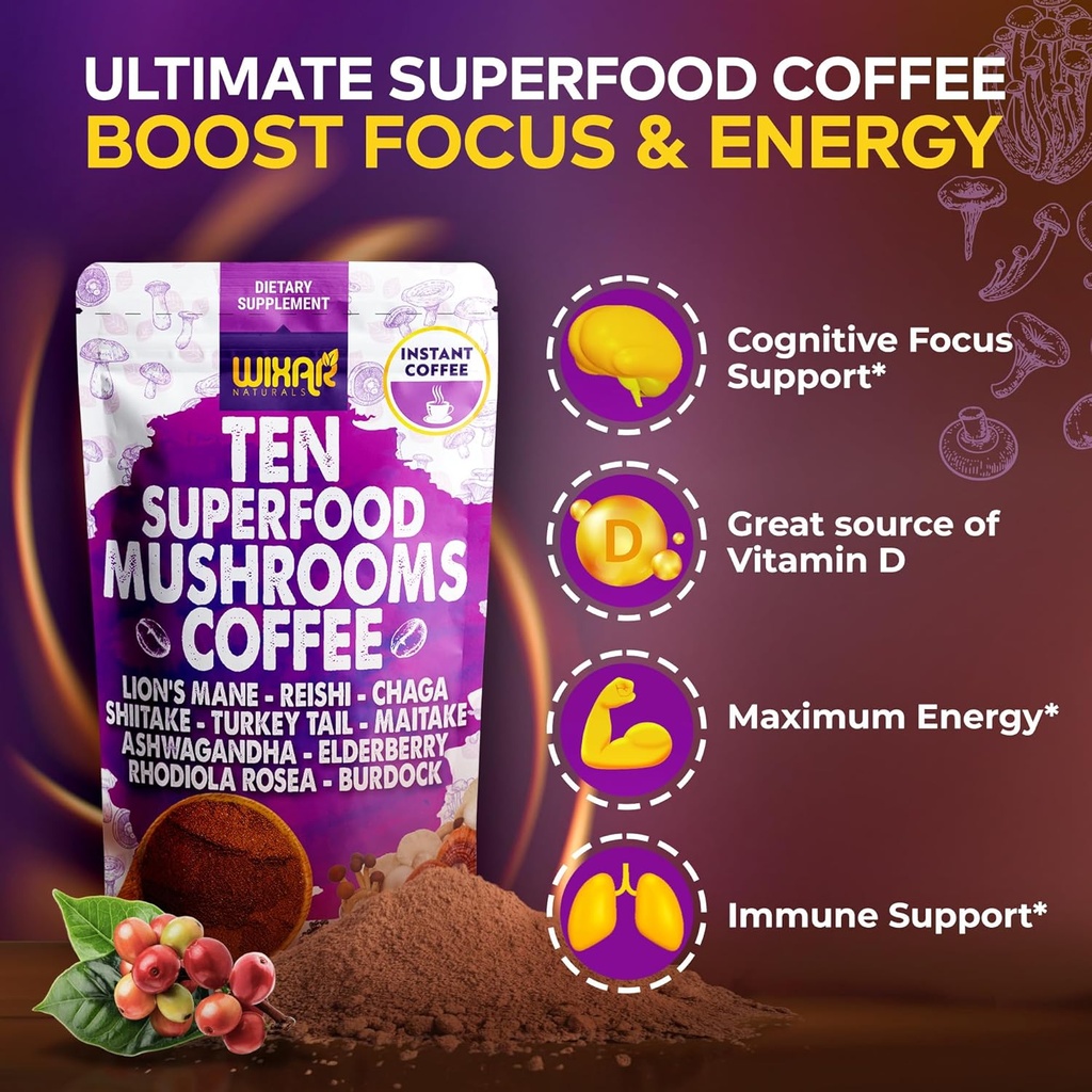 WIXAR Superfood Mushroom Coffee - Instant Coffee Powder, Ten Superfood Extracts with Lion's Mane, Turkey Tail, Reishi, Chaga, Shiitake, Ashwagandha, Rhodiola Rosea, Elderberry, 5oz Mushroom Supplement 6