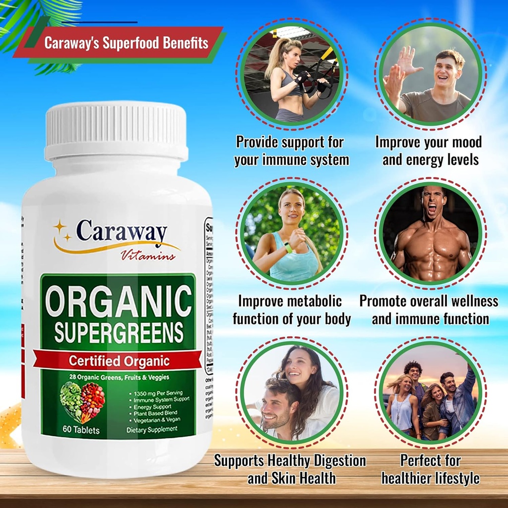Organic Superfoods Vitamins Super Greens Complex by Caraway Vitamins 1,350 mg per Serving 28 Fruits Vegetables Greens 60 Count Tablets Non-GMO Natural for Men & Women 5
