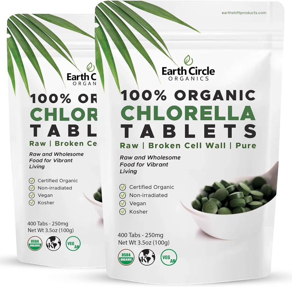 Organic Chlorella Tablets 400 Count | High Potency Superfood | Chlorophyll Pills from 100% Pure Green Algae | Broken Cell Wall for Maximum Absorption | Vegan, Kosher, Non-GMO | 4 Tabs per Day (2-Pack) 2