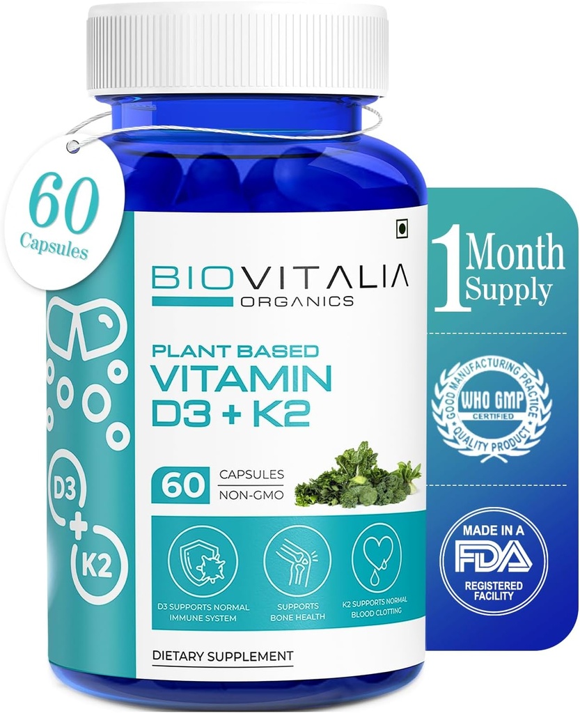 Biovitalia Plant Based Vitamin D3 + K2 60 Capsules for Men & Women | Dietary Supplement | Supports Immune System & Bone Health | Promotes Calcium Absorption - 60 Vegan Capsules 2