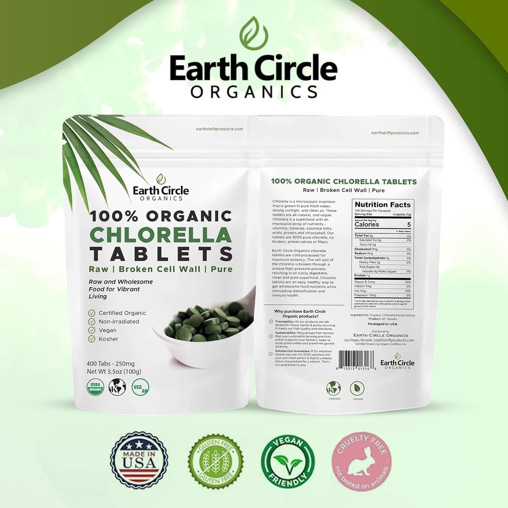 Organic Chlorella Tablets 400 Count | High Potency Superfood | Chlorophyll Pills from 100% Pure Green Algae | Broken Cell Wall for Maximum Absorption | Vegan, Kosher, Non-GMO | 4 Tabs per Day (2-Pack) 6