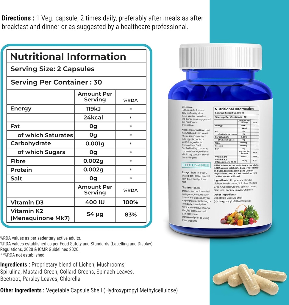 Biovitalia Plant Based Vitamin D3 + K2 60 Capsules for Men & Women | Dietary Supplement | Supports Immune System & Bone Health | Promotes Calcium Absorption - 60 Vegan Capsules 3