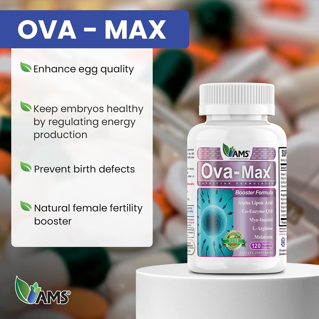 America Medic & Science OVA-Max Prenatal Vitamins for Women (120 Capsules) Boosts Fertility and Ovulation | Pregnancy Aid and Female Preconception Supplements with CoQ10, Folic Acid, and Myo-Inositol 3