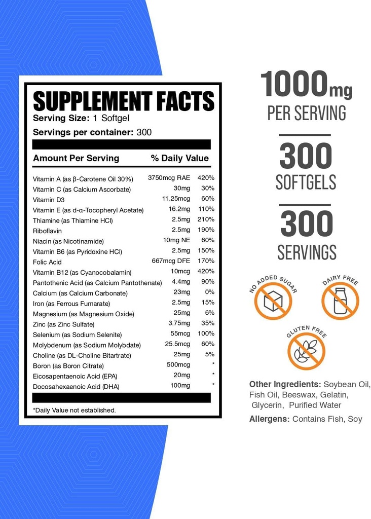 BulkSupplements.com Multivitamin for Men 50 Plus Softgels - Men's Daily Vitamins, Multimineral Supplement - Complete Multivitamin with Fish Oil - 1 Softgel per Serving, 300 Count (Pack of 1) 3