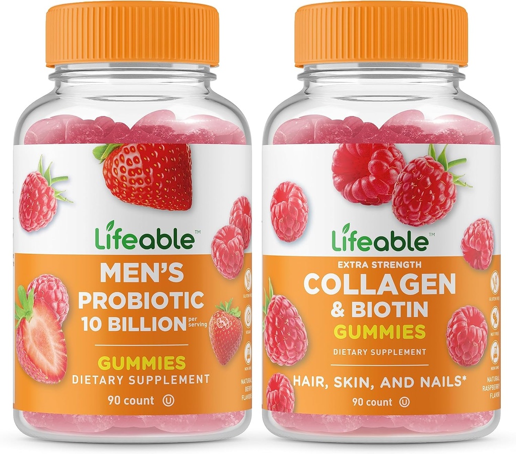 Lifeable Men's Probiotic 10 Billion + Collagen & Biotin, Gummies Bundle - Great Tasting, Vitamin Supplement, Gluten Free, GMO Free, Chewable Gummy 2
