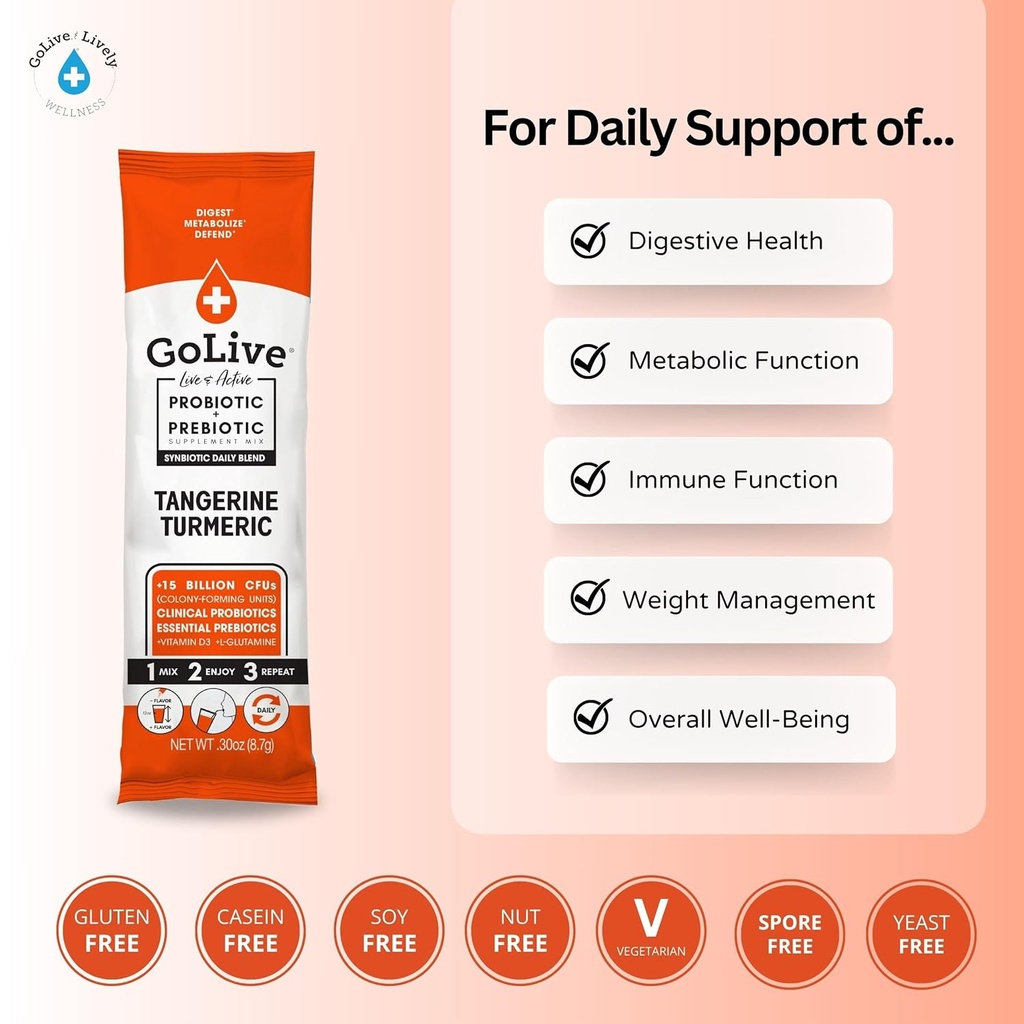 GoLive Prebiotic and Probiotic for Women, Men, Kids. Tangerine Turmeric Synbiotic Powder w/ L-Glutamine, Vitamin D3, Electrolytes. For Gut Health, Digestion, Metabolism, Immunity 15-50B CFUs. 4