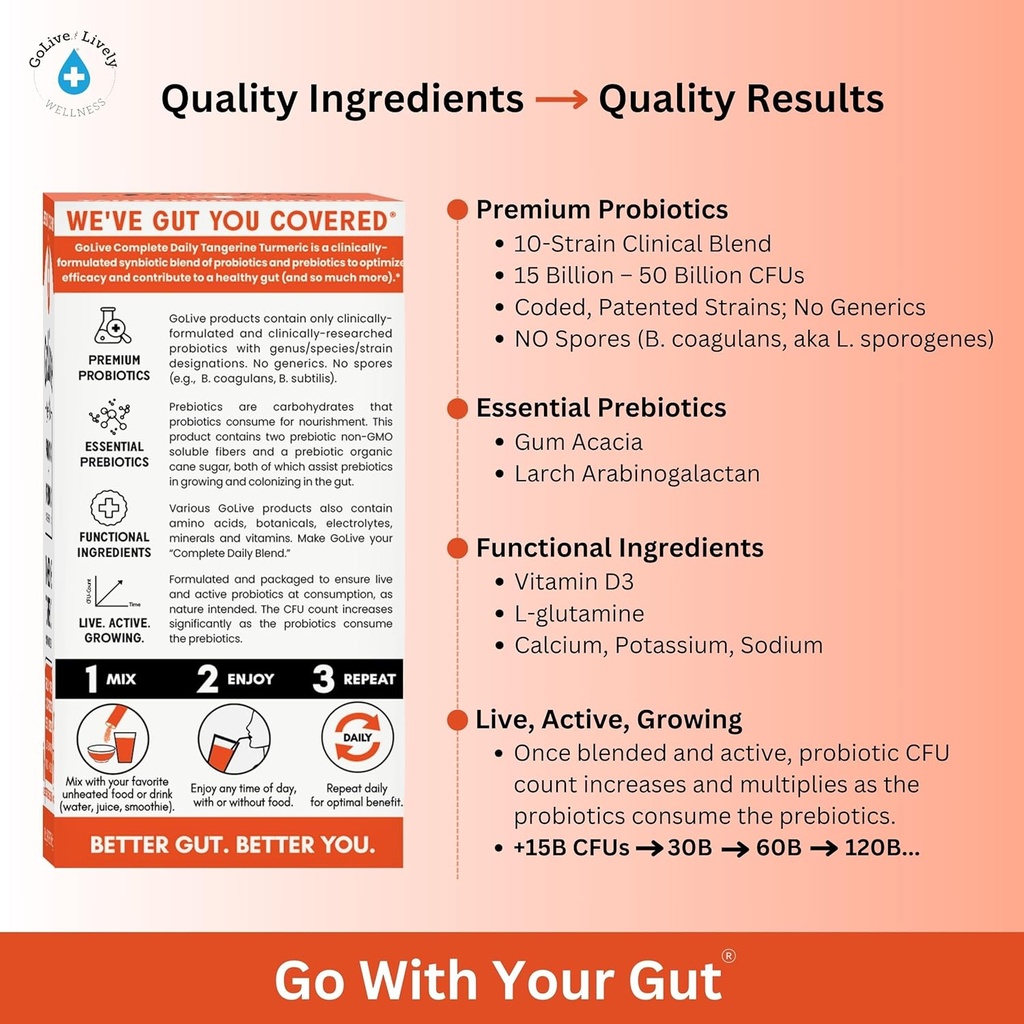 GoLive Prebiotic and Probiotic for Women, Men, Kids. Tangerine Turmeric Synbiotic Powder w/ L-Glutamine, Vitamin D3, Electrolytes. For Gut Health, Digestion, Metabolism, Immunity 15-50B CFUs. 6