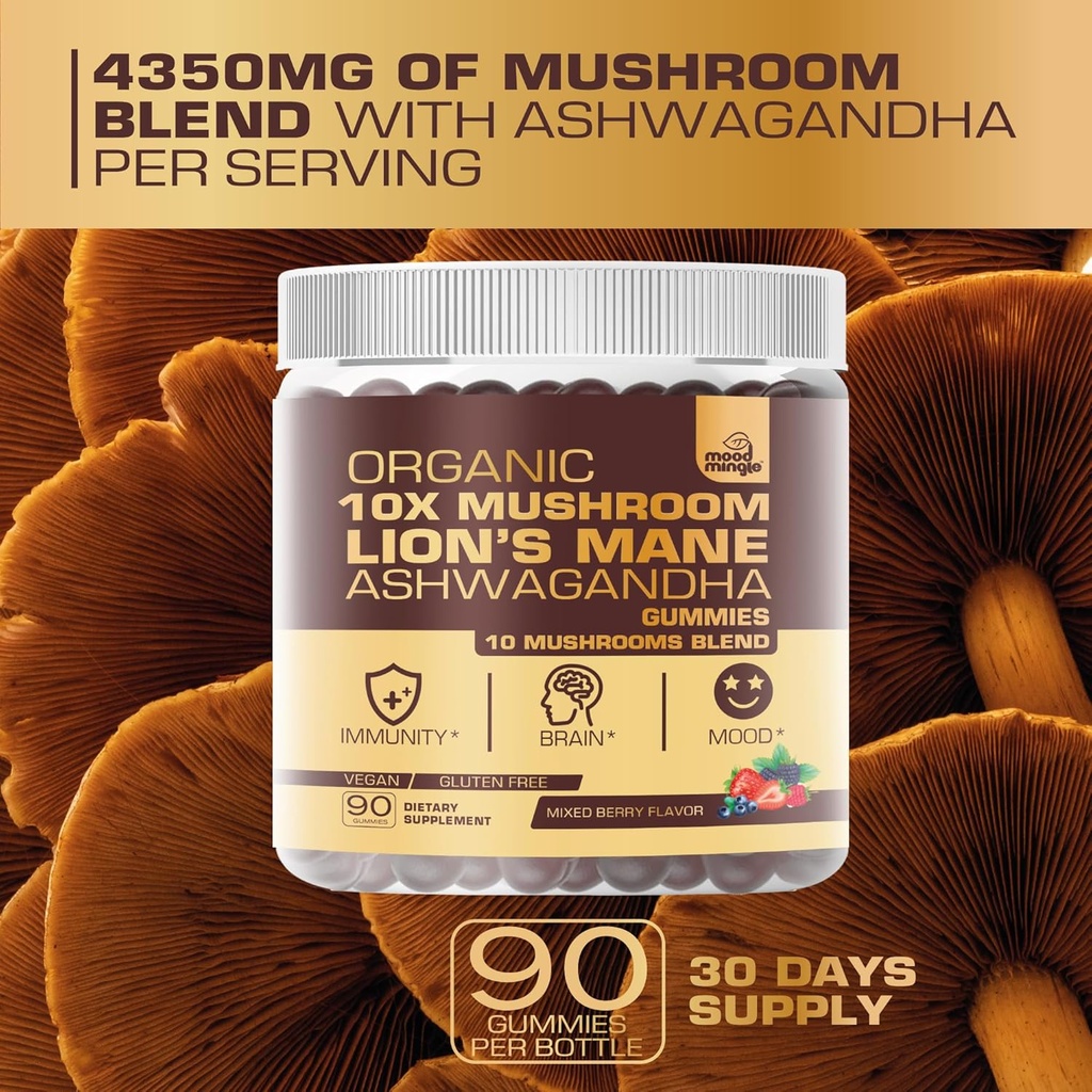Organic 10X Lion’s Mane Mushroom Gummies for Kids Adults (4350mg) - Gluten Free Daily Supplement Complex Blend with Reishi Turkey Tail Shiitake 5