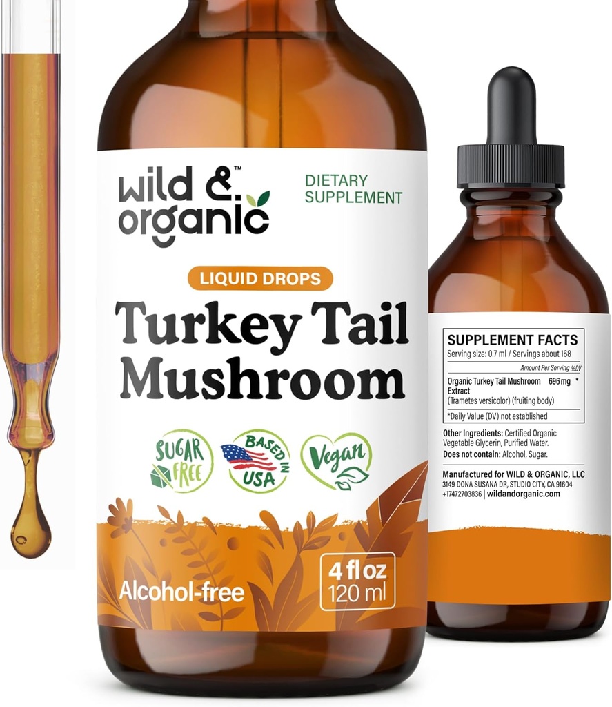 Wild & Organic Turkey Tail Mushroom Tincture - Immune Support Drops with Turkey Tail Extract - Liquid Mushroom Supplement for Gut Support - Vegan, Sugar & Alcohol-Free - 4 fl oz 2