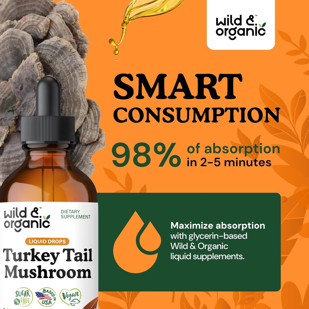 Wild & Organic Turkey Tail Mushroom Tincture - Immune Support Drops with Turkey Tail Extract - Liquid Mushroom Supplement for Gut Support - Vegan, Sugar & Alcohol-Free - 4 fl oz 5