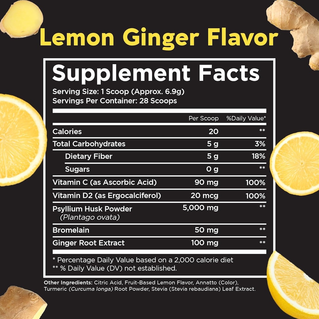 Pinch Magic Sugar Free Fiber Powder – Light Lemon Ginger Psyllium Husk with Bromelain & Vitamins C & D – Vegan, Gluten-Free, Clean Label, USA-Made, GMP-Certified – 28-Day Supply 5