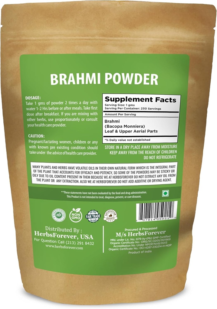 Herbsforever Brahmi Powder I 100% Pure Bacopa Monnieri I Natural Herbal Supplement – Non-GMO, Vegan, Gluten-Free I Supports Wellness – Premium Quality 230 GMS 3
