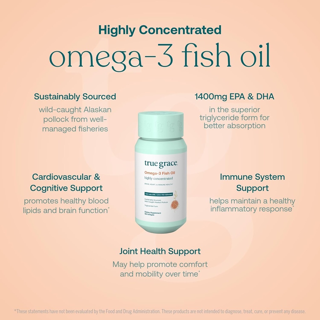True Grace Omega-3 Fish Oil - 180 Softgels - 1400 mg EPA + DHA - Brain, Heart, Joint & Immune Health - Organic, Gluten Free, Soy Free 4
