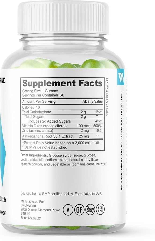 Swolverine Ashwagandha Vitamin Gummies | Zinc, Vitamin D, Relax, Sleep, Strength, Non-GMO, Vegan - Cherry (60 Count) 3