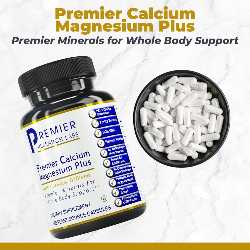 Premier Research Labs Calcium Magnesium Plus - Calcium Magnesium Supplement, Calcium Supplement, Pure Magnesium, Mushroom Complex with Reishi & Lions Mane - 300 Vegetarian Capsules 3