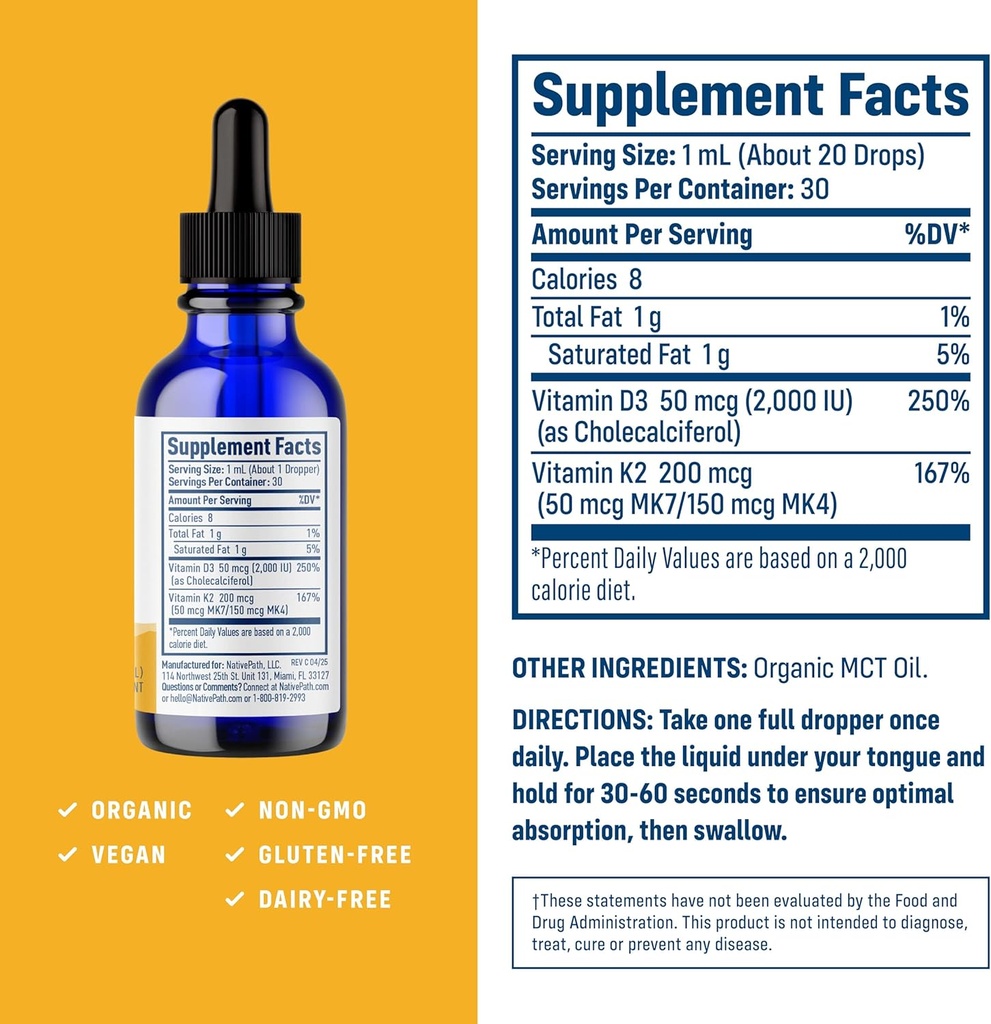 NativePath D3K2 Tincture - 1000IU Vitamin D3 and Vitamin K2 Supplement with Organic MCT Oil - 1 Fluid Ounce - Rapid Bioavailability Multi-Vitamin for Bone Strength and Total Body Wellness, 30 Servings 3