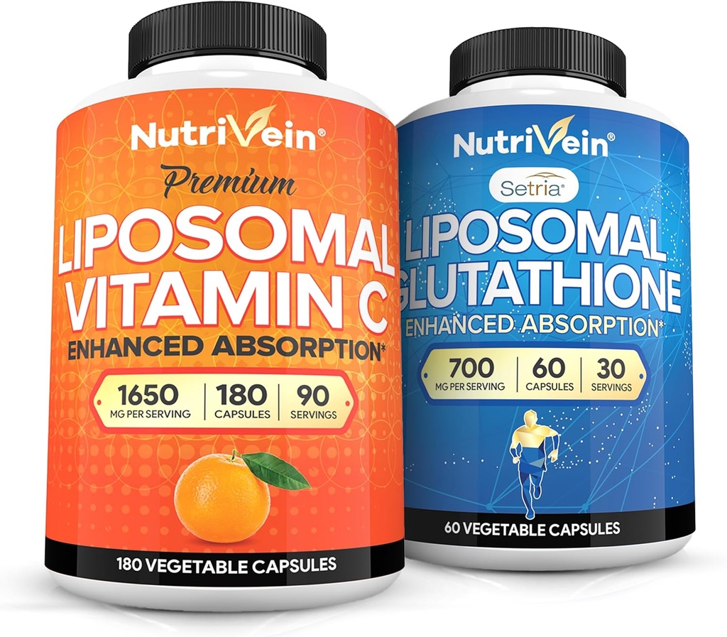 Nutrivein Premium Liposomal Vitamin C 1650mg & Liposomal Glutathione Bundle - High Absorption Ascorbic Acid Plus Master Antioxidant & Liver Cleanse - Non-GMO, Vegan/Vegetarian - 180 + 60 Capsules 2