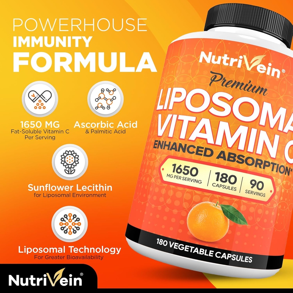 Nutrivein Premium Liposomal Vitamin C 1650mg & Liposomal Glutathione Bundle - High Absorption Ascorbic Acid Plus Master Antioxidant & Liver Cleanse - Non-GMO, Vegan/Vegetarian - 180 + 60 Capsules 3