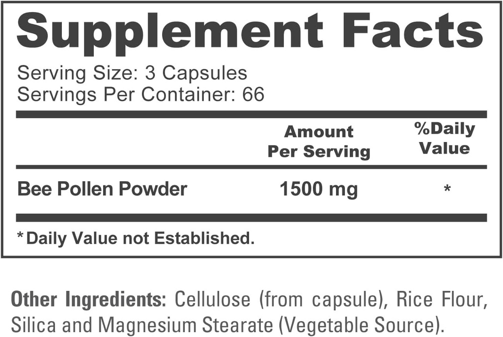 NusaPure Bee Pollen 1500mg 200 Veggie Caps (100% Vegetarian, Non-GMO, Vegan) Naturally Occurring Proteins, Aminoacids 5