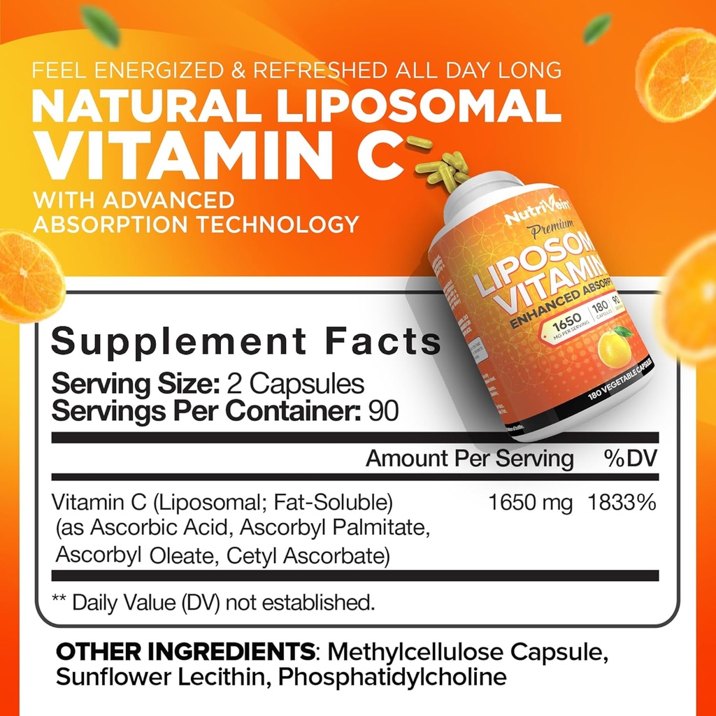 Nutrivein Premium Liposomal Vitamin C 1650mg & Liposomal Glutathione Bundle - High Absorption Ascorbic Acid Plus Master Antioxidant & Liver Cleanse - Non-GMO, Vegan/Vegetarian - 180 + 60 Capsules 4