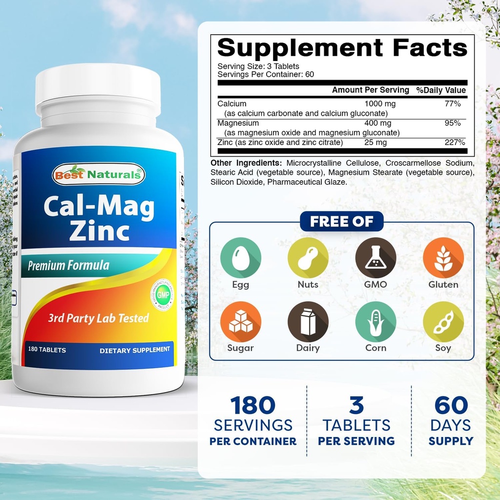 2 Packs - Best Naturals Calcium Magnesium Zinc - 180 Tablets - Essential Cal Mag Zinc Mineral Complex (Total 360 Tablets) 3