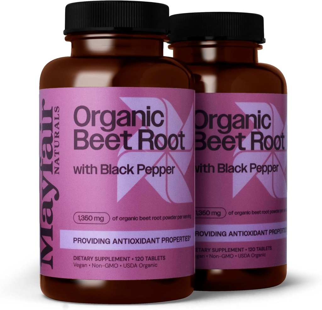 USDA Organic Beet Root with Black Pepper (2 Pack), 1350mg Organic Beet Root Powder, Dietary Supplement, 120 Tablets Each (240 Total) 2