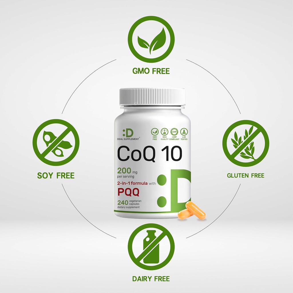 DEAL SUPPLEMENT CoQ10 200mg with PQQ 200mcg, 240 Veggie Capsules | Bioavailable Coenzyme Q10 Complex | Supports Heart, Energy & Brain Health | Antioxidant Support | Non-GMO 4