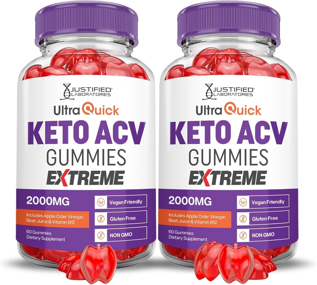 Justified Laboratories (2 Pack Ultra Quick Keto ACV Gummies Extreme 2000MG Ultraquick Keto Gummies Apple Cider Vinegar Formulated with Pomegranate Beet Juice Powder B12 Vegan Non GMO 120 Gummys 2