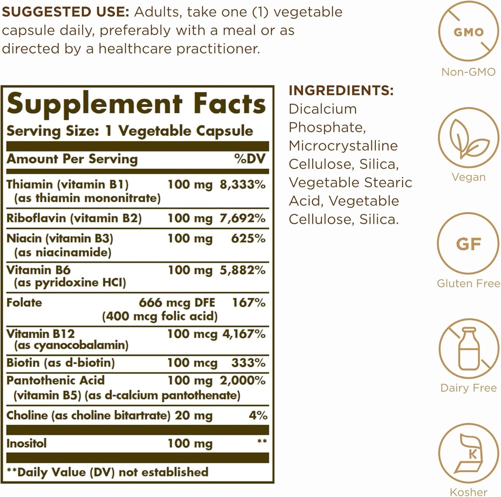 Solgar B-Complex 100" - 100 Vegetable Capsules, Pack of 2 - Energy Metabolism, Nervous System Support - Non-GMO, Vegan, Gluten Free - 200 Total Servings 3