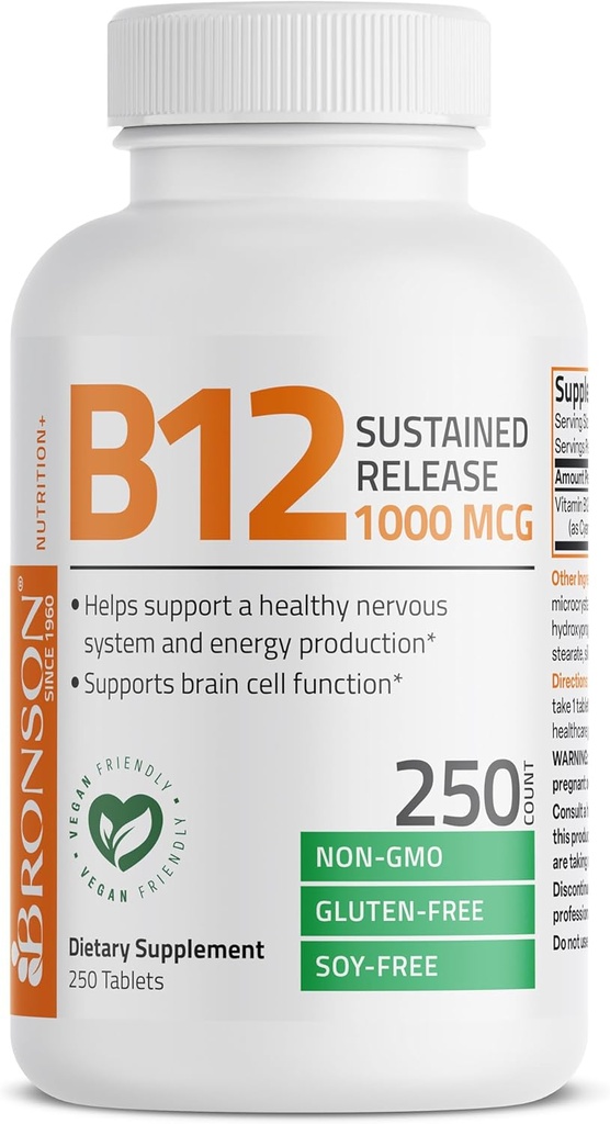 Bronson Vitamin B12 1000 mcg Sustained Release Premium Non GMO Tablets Supports Nervous System, Healthy Brain Function and Energy Production, 250 Count 4