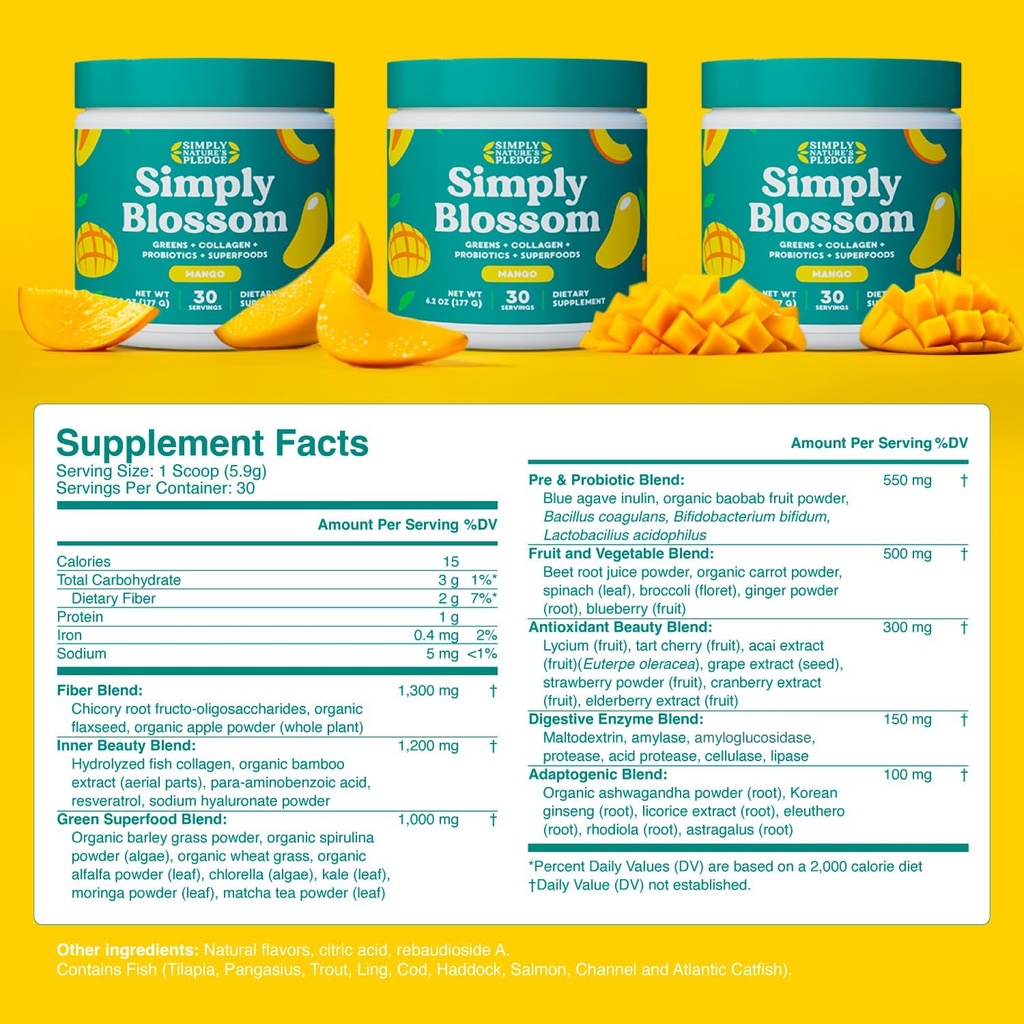 Simply Blossom Nutrition Daily Greens & Superfood Powder + Collagen + Probiotics for Women's Digestive Health & Bloating Relief. Help Your Health Bloom - 30 Day Supply - Mango 4