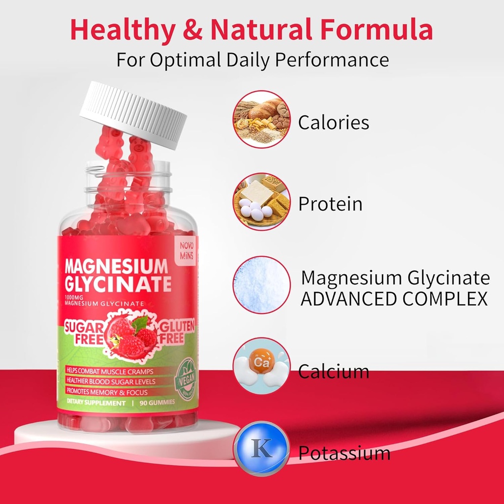 90 CT Magnesium Glycinate Gummies 1000mg - Sugar Free Magnesium Potassium Supplement with Vitamin D, B6, CoQ10 for Calm Mood & Sleep Support - 90 Raspberry Gummies 3