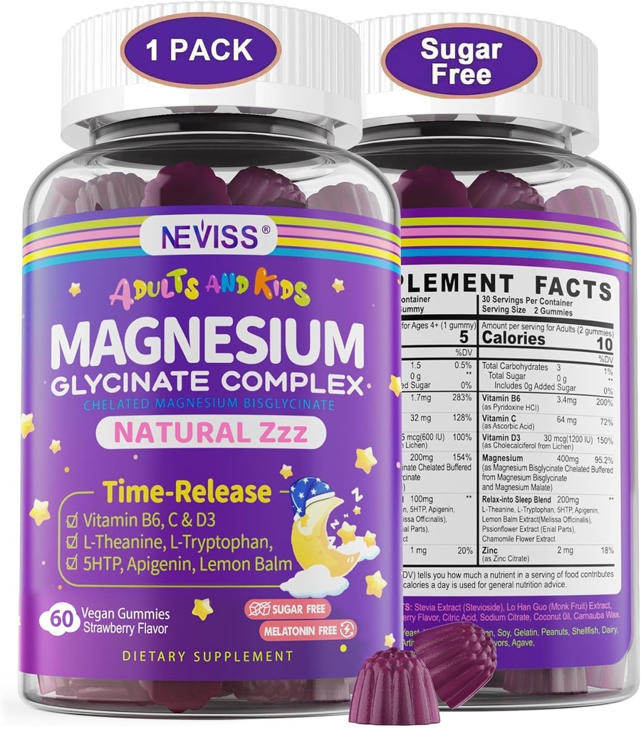Magnesium Glycinate Gummies for Adults & Kids 4+, Sugar Free Magnesium Bisglycinate Supplement 400/200mg with B6D3, 5HTP, L-Theanine for Sleep & Relaxation, Brain, Muscle, Melatonin Free Gummies,1Pack 2