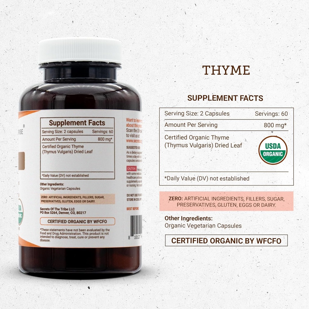 Secrets of the Tribe Thyme 120 Capsules, 800 mg, USDA Organic Thyme (Thymus Vulgaris) Dried Leaf (120 Capsules) 5