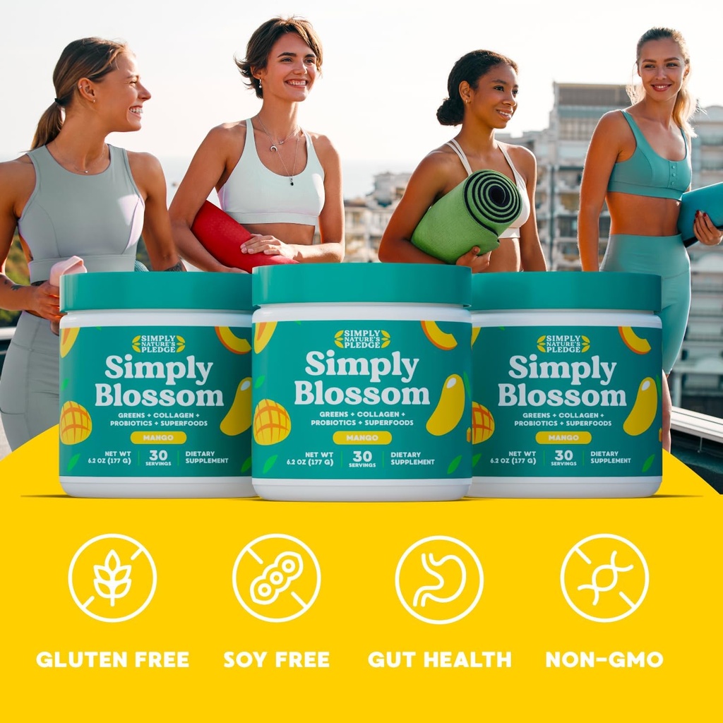 Simply Blossom Nutrition Daily Greens & Superfood Powder + Collagen + Probiotics for Women's Digestive Health & Bloating Relief. Help Your Health Bloom - 30 Day Supply - Mango 6