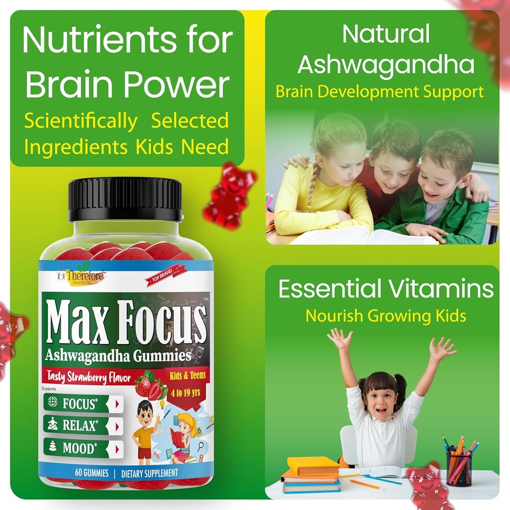 Therefore Max Focus Ashwagandha Calm & Focus Gummies for Kids & Teens, Support Calm Mood, Relaxation, Anti Stress, Memory, Energy, Relaxation, Low Sugar Vegan, Fruity Flavored- 60 Gummies 4