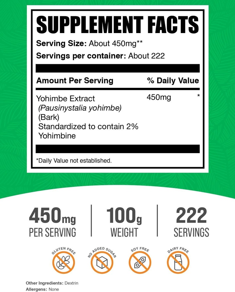 BulkSupplements.com Yohimbe Extract Powder - Yohimbe Bark Extract - Herbal Supplement, Gluten Free, 450mg per Serving, 100g (3.5 oz) (Pack of 1) 3