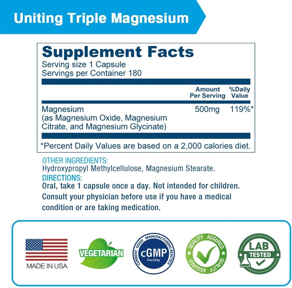 Lovita Triple Magnesium Complex 500mg, High Absorption and Potency Formula, Glycinate, Citrate & Oxide, Support Sleep, Relaxation, Heart, Nerves & Bone Health, 180 Vegan Capsules 3