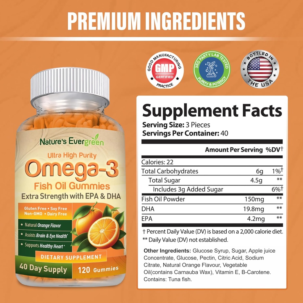 Extra Strength Omega 3 Fish Oil Gummies with DHA & EPA | Ultra High Purity Omega 3 Gummy Supplement for Healthy Heart, Joint & Brain Support | Nature's Vitamins, Orange Flavor | 120 Gummies 3