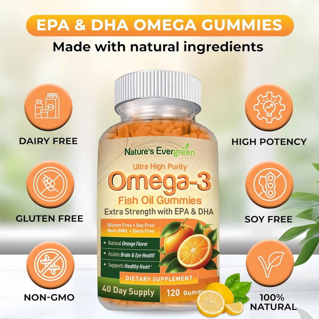 Extra Strength Omega 3 Fish Oil Gummies with DHA & EPA | Ultra High Purity Omega 3 Gummy Supplement for Healthy Heart, Joint & Brain Support | Nature's Vitamins, Orange Flavor | 120 Gummies 5